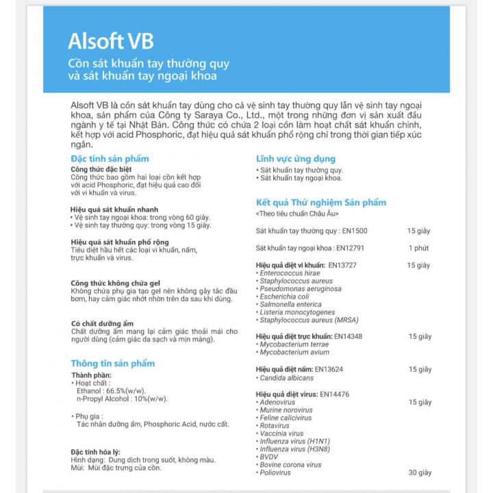 Cồn rửa tay ngừa Virus Saraya Alsoft VB 1L chính hãng | Fact-Depot